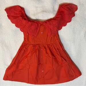 Coral Red Orange Off Shoulder Ruffle Mini Dress 100% Cotton Flying Tomato Size S